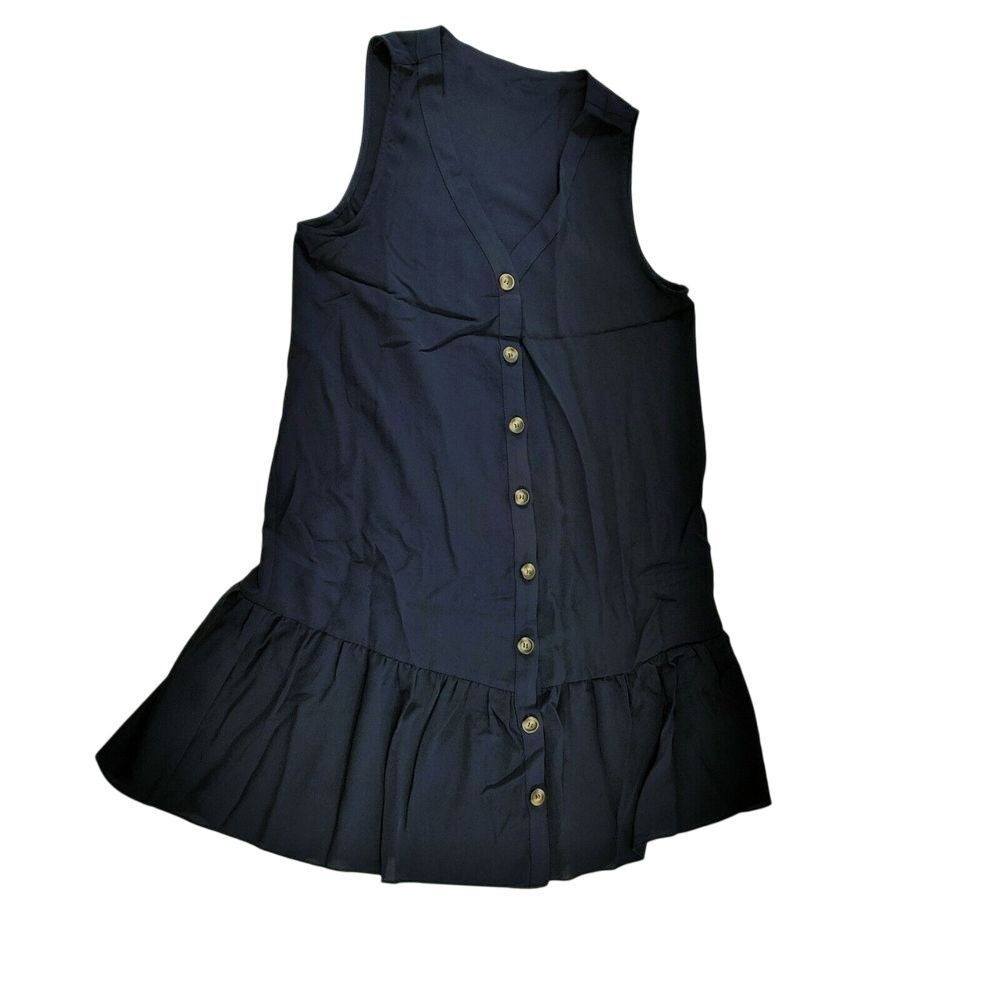 Navy Blue Button-Front Sleeveless Dress with Ruffle Hem Detail Size S